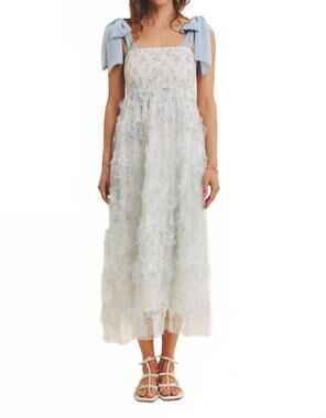 NEW IN FEBRUARY textured floral smocked midi dress in blue